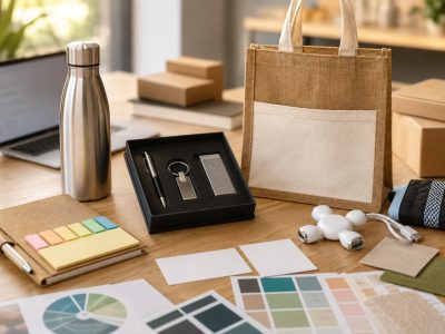 Mesa corporativa com brindes personalizados, incluindo bloco de anotações, garrafa inox, hub USB, sacola de juta, toalha esportiva e kit escritório, organizada como planejamento de campanha de marketing de nicho.
