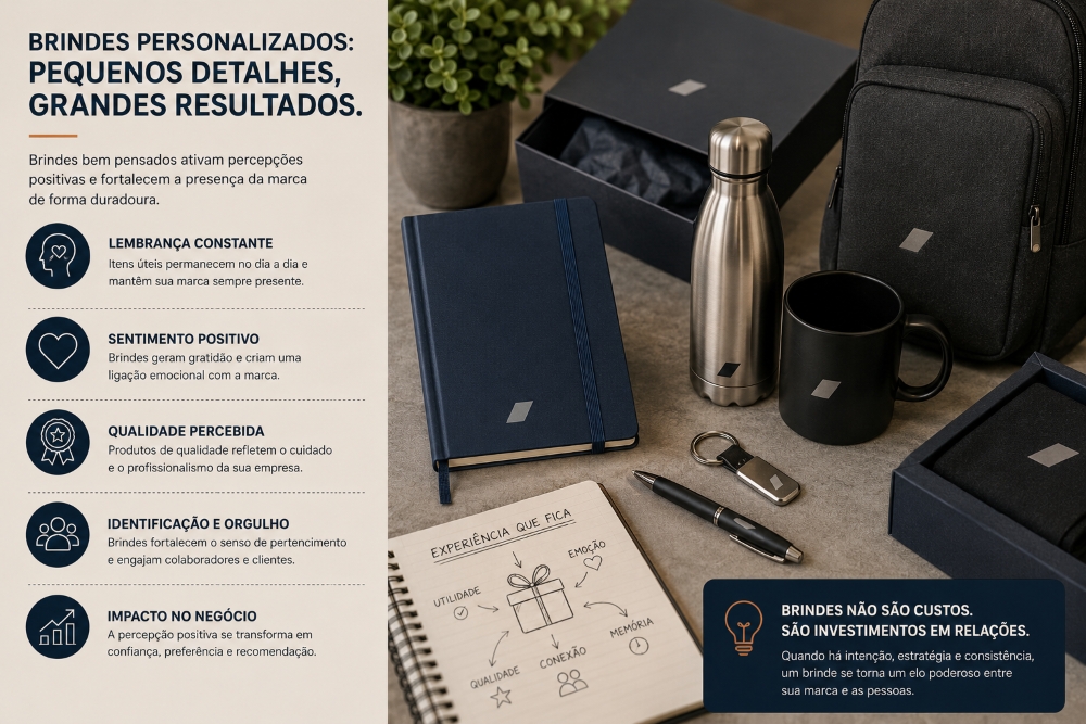 Composição com brindes personalizados, planner, garrafa, caneca e mochila, acompanhada de elementos visuais sobre lembrança, qualidade percebida, pertencimento e impacto dos brindes na marca.