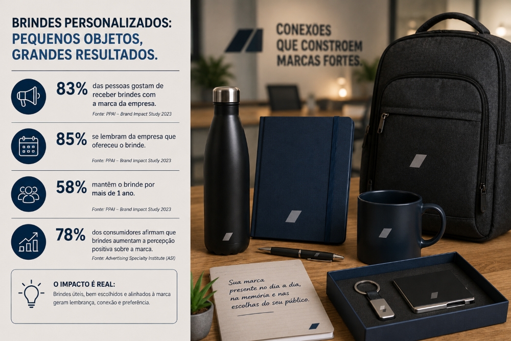 Composição visual com brindes personalizados, como mochila, garrafa, planner e caneca, acompanhada de dados sobre lembrança de marca, presença na rotina e percepção de valor.