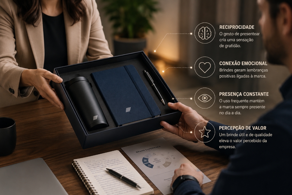 Pessoa entregando um kit corporativo com garrafa, planner e caneta, acompanhado de elementos visuais sobre reciprocidade, conexão emocional, presença constante e percepção de valor.