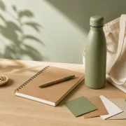 Garrafa reutilizável, caderno kraft, caneta de papelão e sacola de algodão sobre mesa de madeira