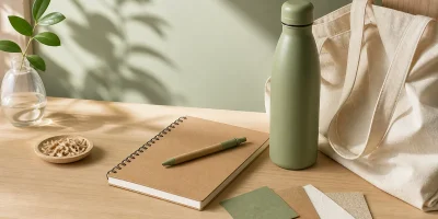 Garrafa reutilizável, caderno kraft, caneta de papelão e sacola de algodão sobre mesa de madeira