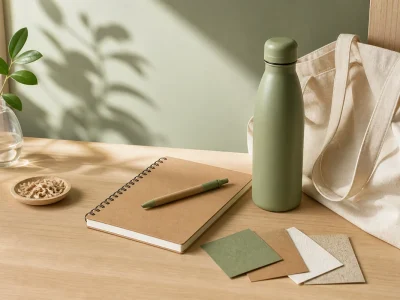 Garrafa reutilizável, caderno kraft, caneta de papelão e sacola de algodão sobre mesa de madeira