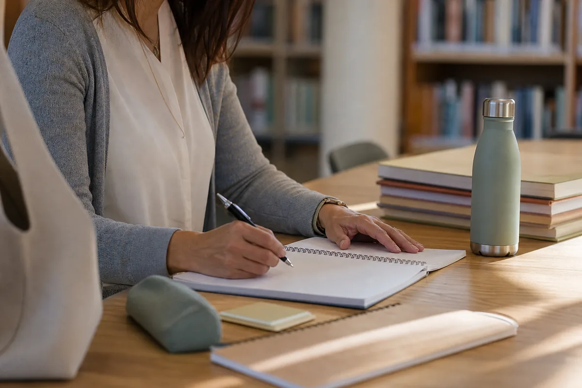 Professora planejando aulas com caderno, caneta e garrafa reutilizável
