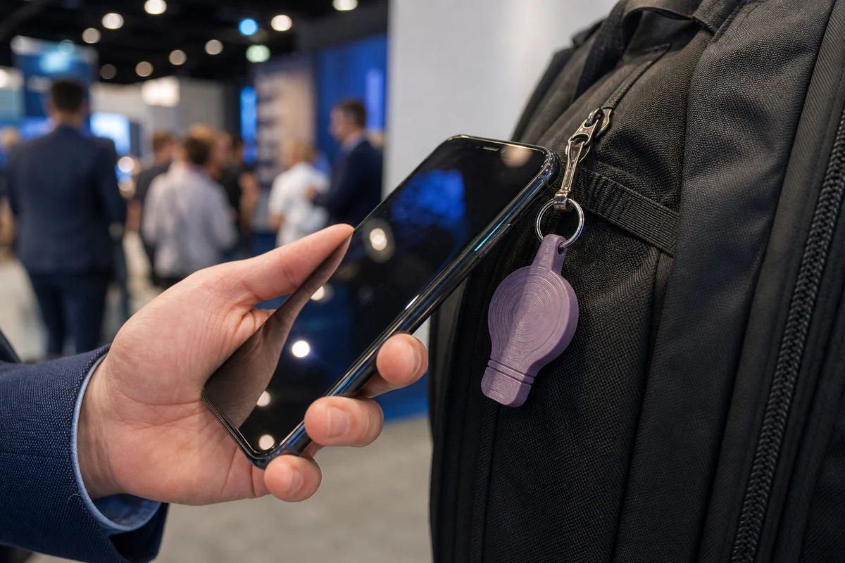 Pessoa aproxima celular de chaveiro NFC 3D preso a mochila em evento corporativo