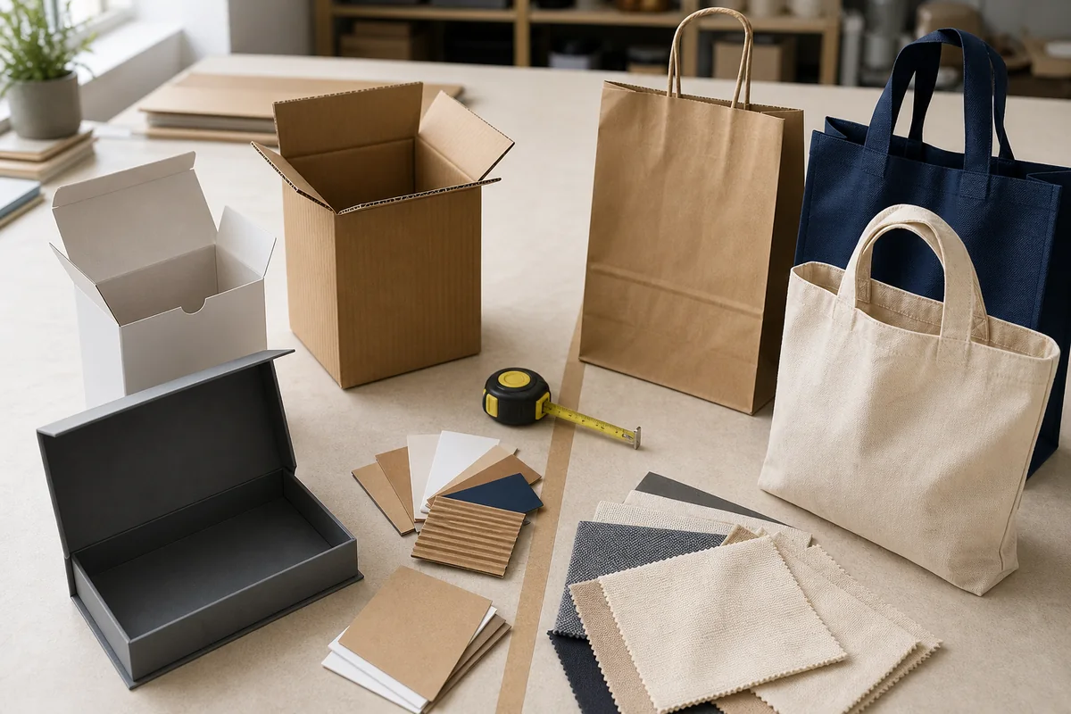 Comparação de caixas de papel cartão e papelão com sacolas de papel, TNT e tecido
