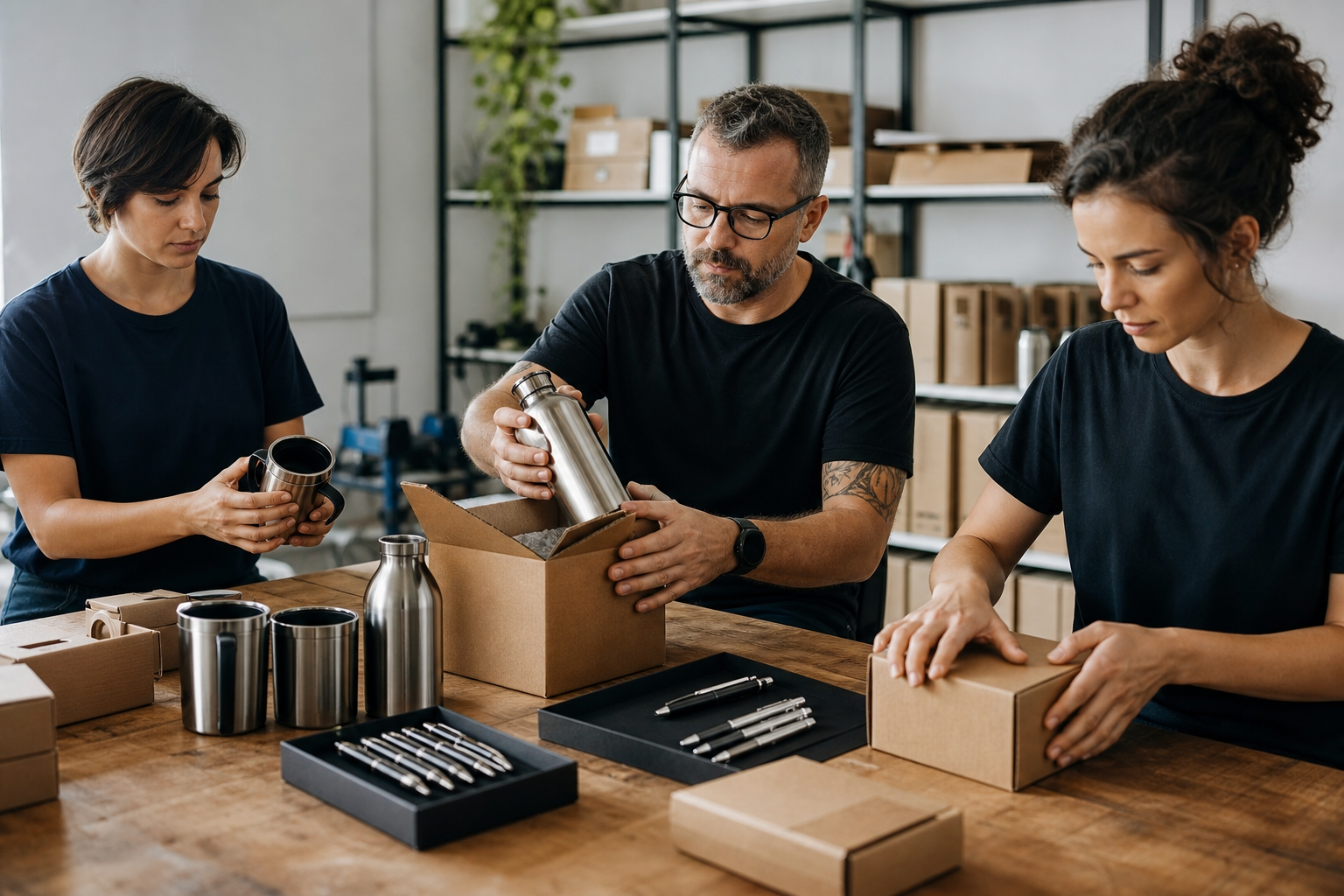 Equipe confere e embala brindes metálicos para envio
