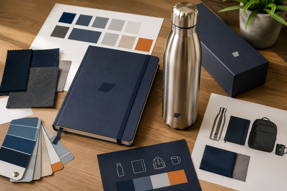 Mesa de planejamento visual com planner, garrafa inox, amostras de cores, tecidos e materiais de marca, representando consistência visual em brindes personalizados.