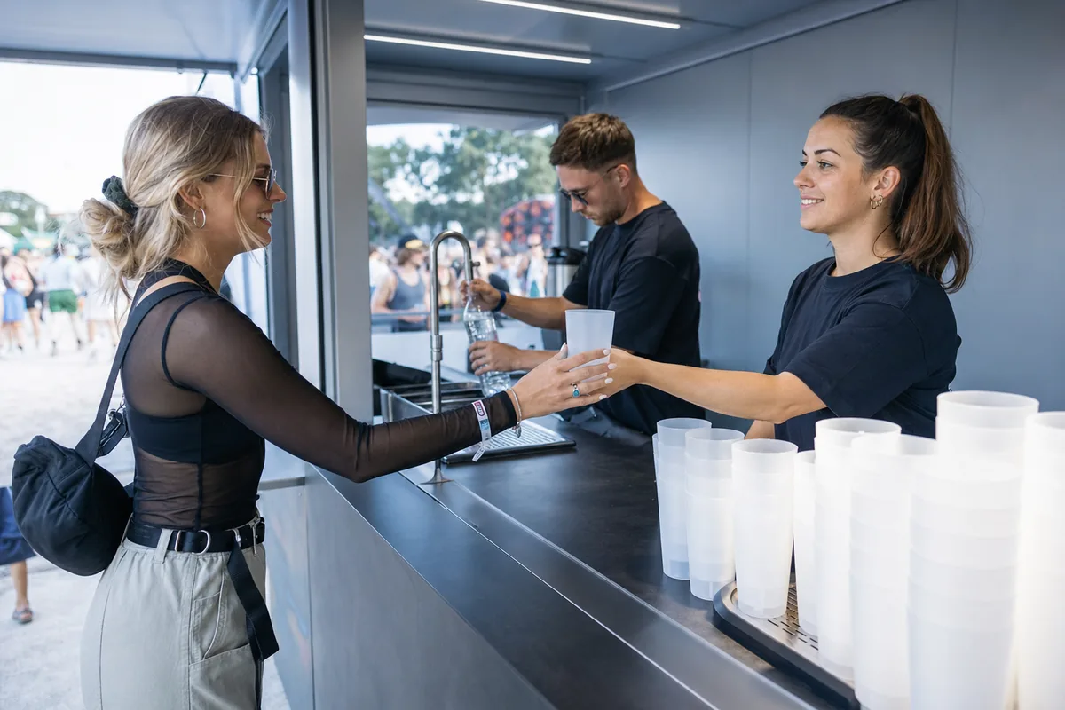 Participante recebe copo reutilizável em estação de hidratação durante festival