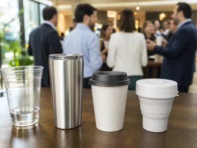 Seleção de copos personalizados para brindes em evento corporativo