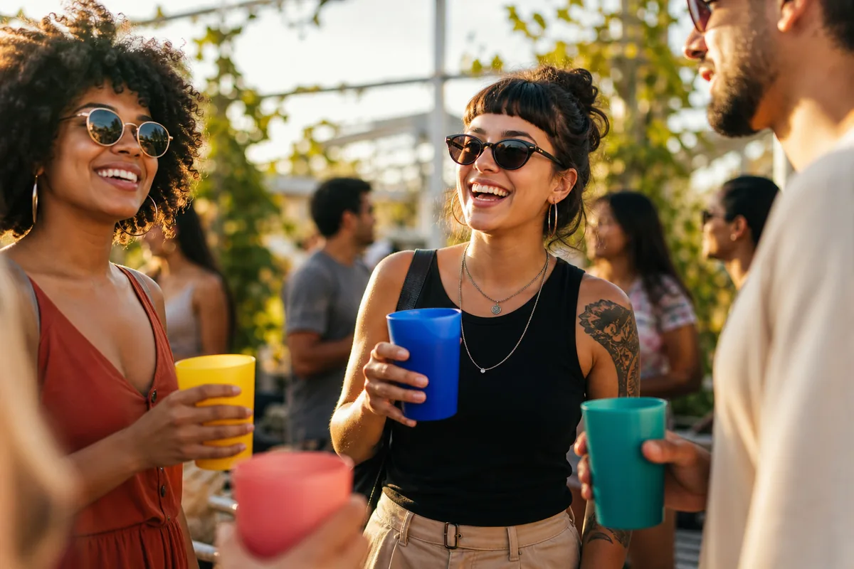 Pessoas usando copos reutilizáveis coloridos em evento ao ar livre