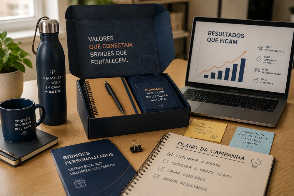 Mesa de planejamento com kit de brindes personalizados, materiais de campanha e análise de resultados, representando critérios para escolher brindes com estratégia.