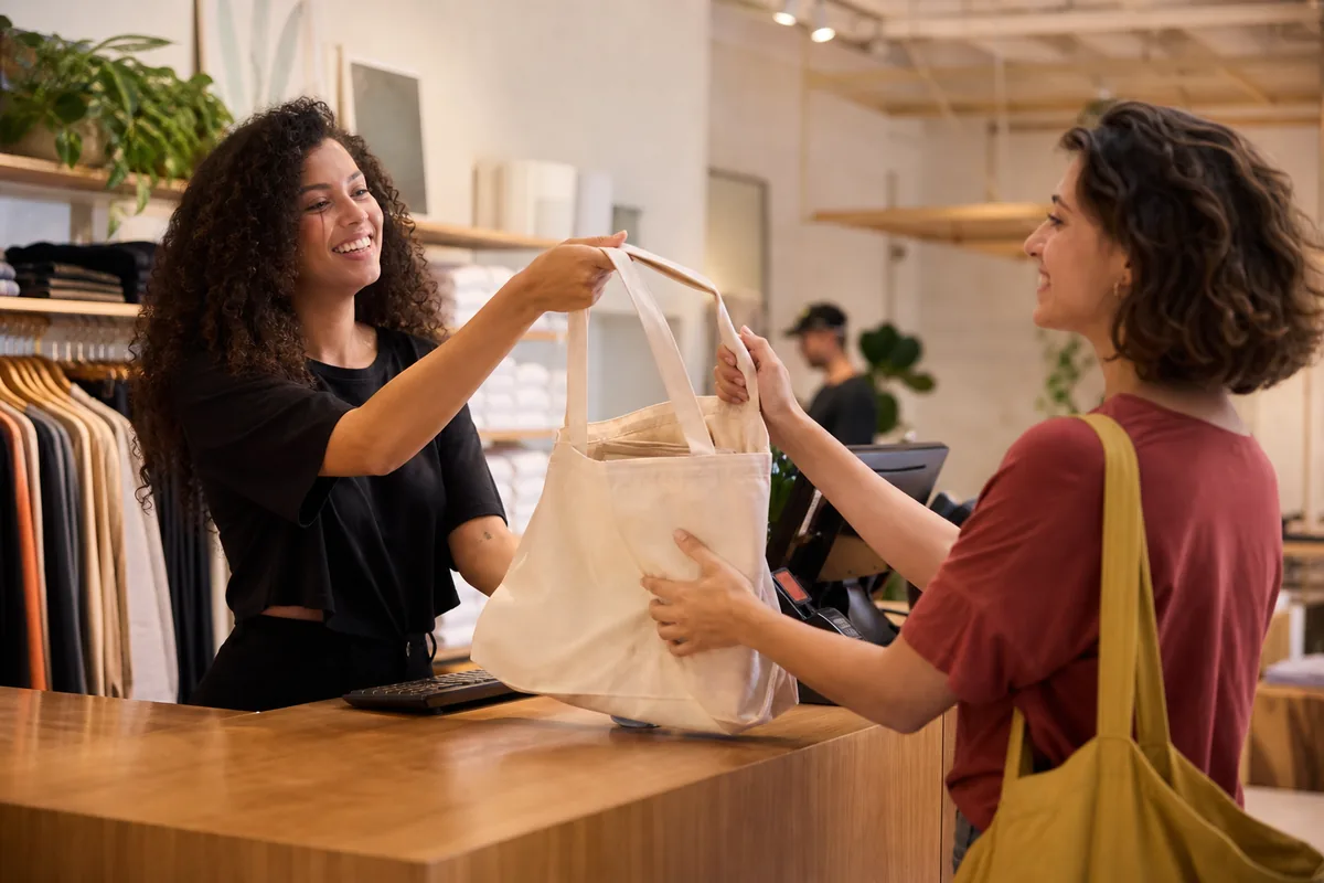 Cliente recebendo ecobag como brinde em loja física