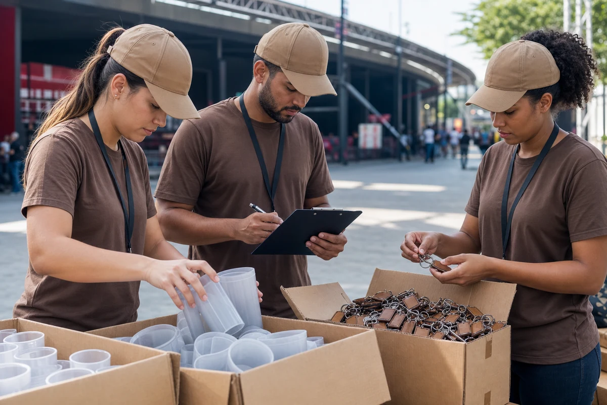 Equipe uniformizada organizando copos e chaveiros para distribuição em um evento sertanejo
