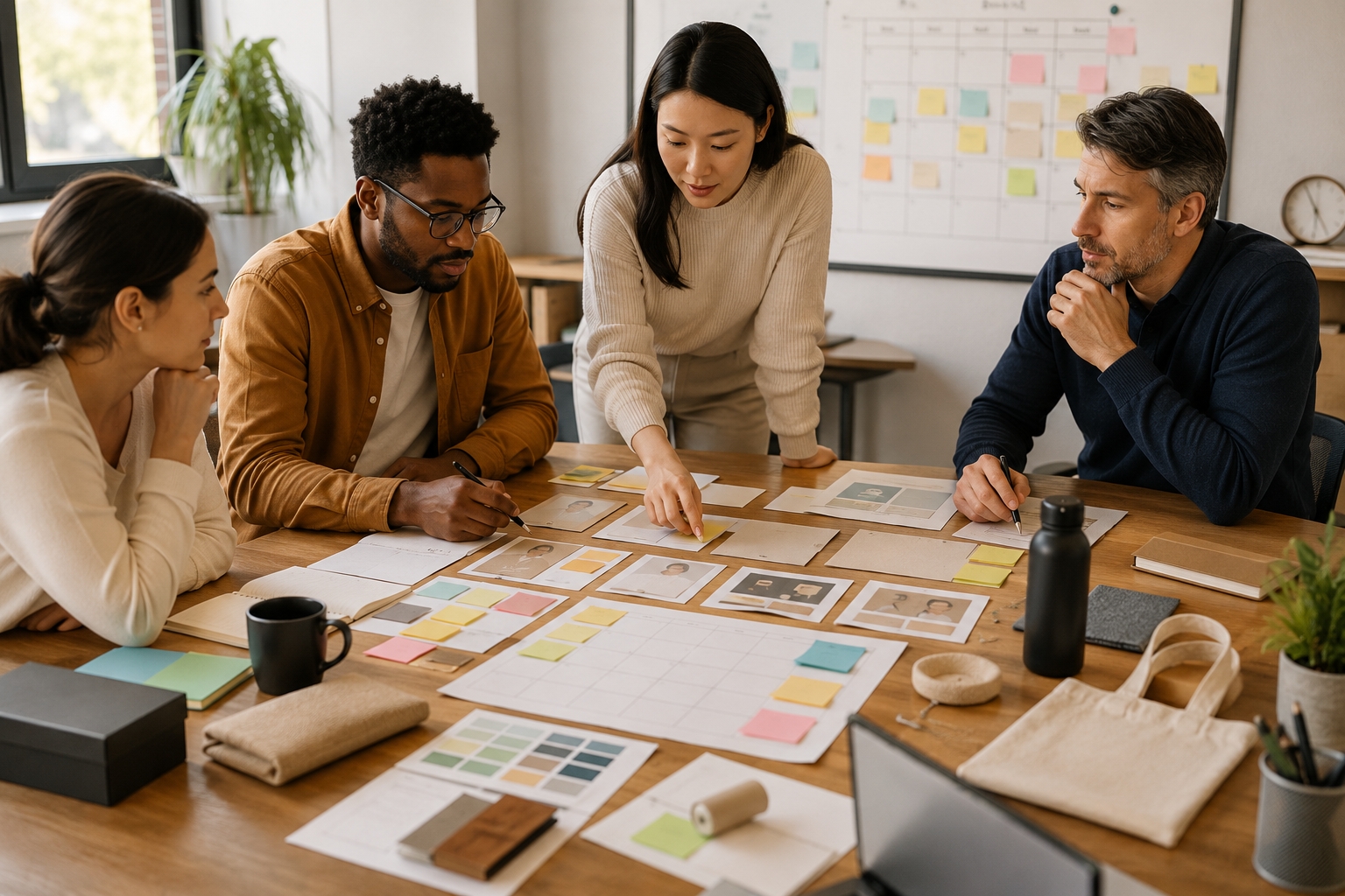 Equipe de marketing em reunião analisando perfis de público, cartões de planejamento e amostras de brindes antes de definir uma campanha promocional.