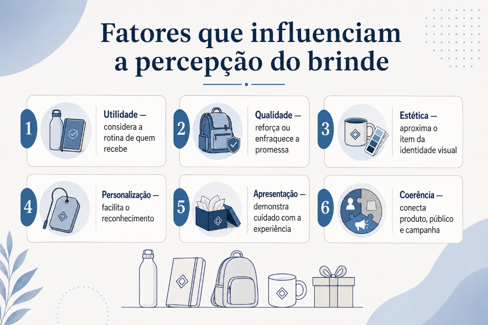 Infográfico com seis fatores que influenciam a percepção de brindes personalizados: utilidade, qualidade, estética, personalização, apresentação e coerência.