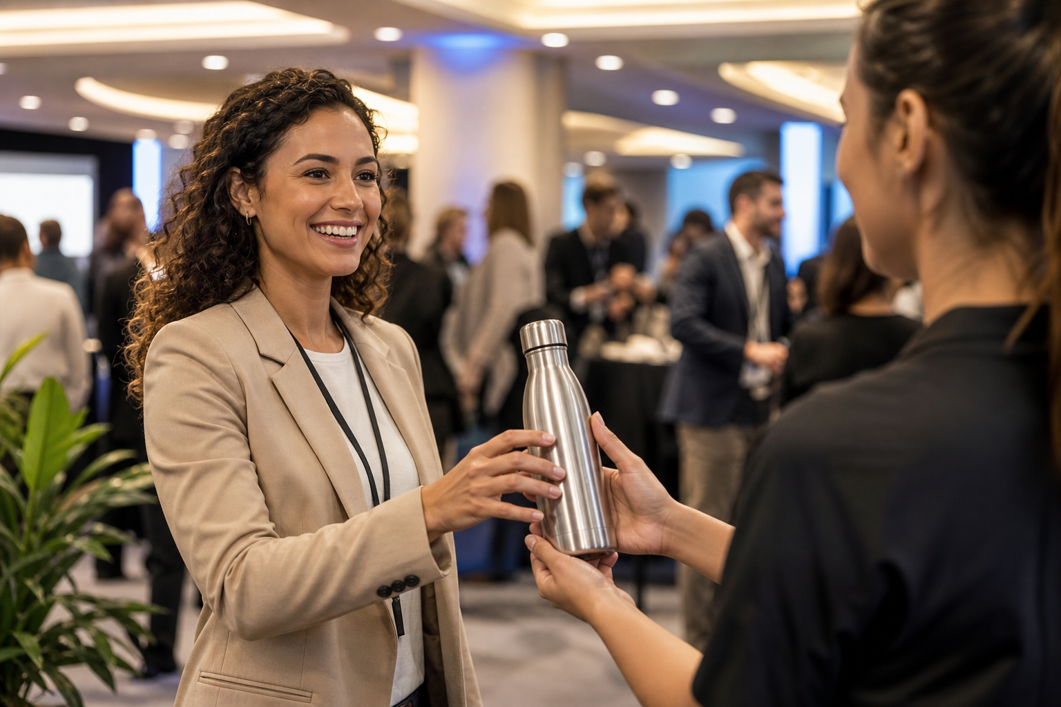 Profissional recebe garrafa de alumínio em evento corporativo