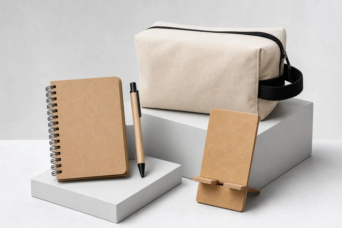 Kit econômico com caneta, bloco, nécessaire e suporte para celular