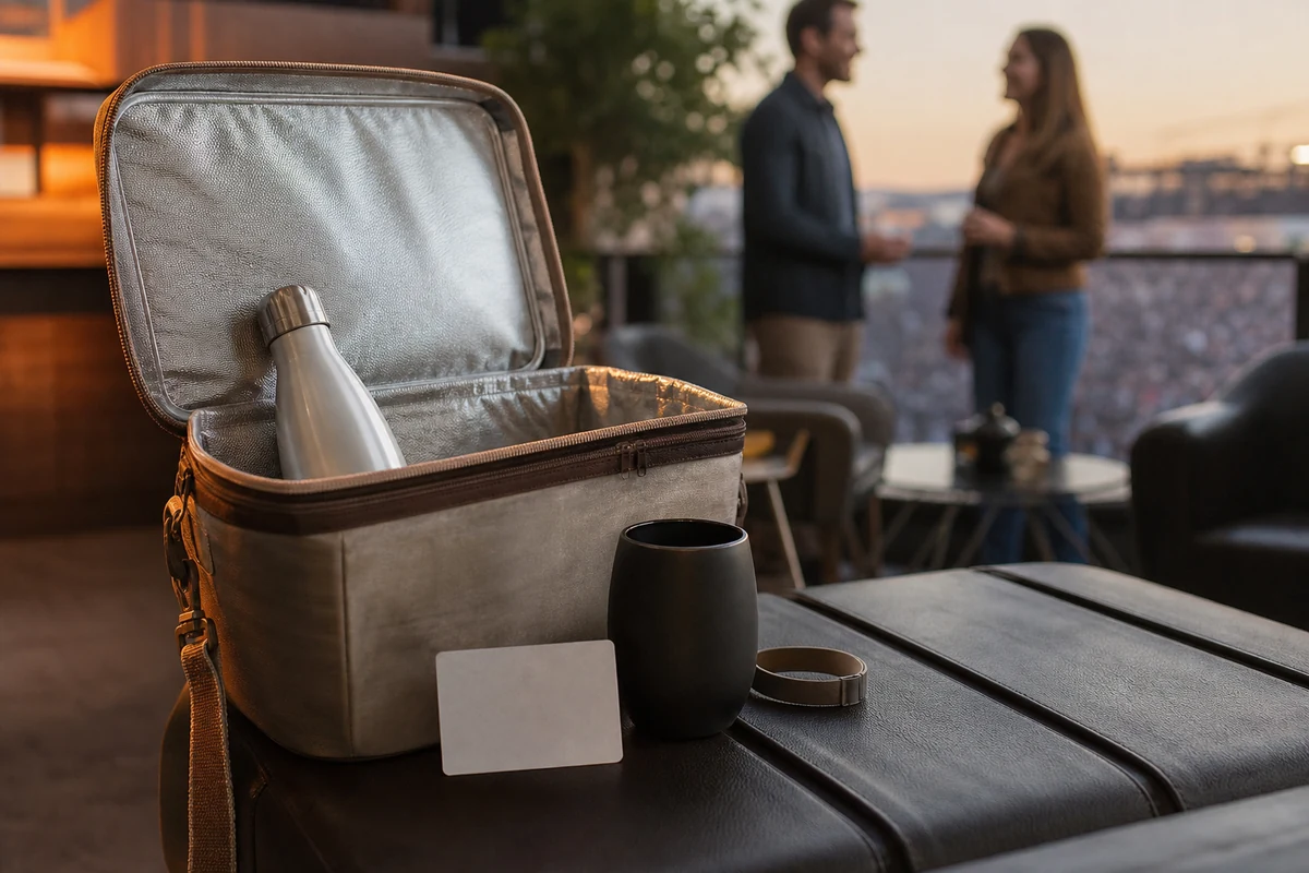 Bolsa térmica com garrafa e copo em camarote com vista para uma arena de rodeio