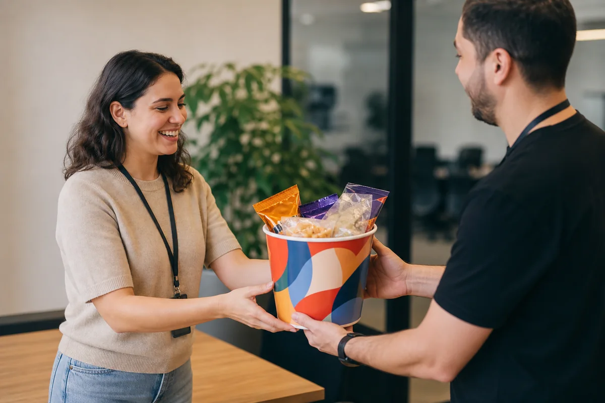 Colaboradora recebendo kit cinema com balde de pipoca personalizado