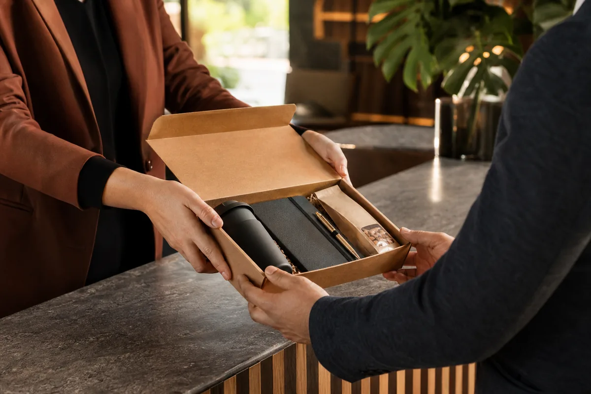 Entrega de kit corporativo com copo reutilizável, caderno, caneta e item gourmet