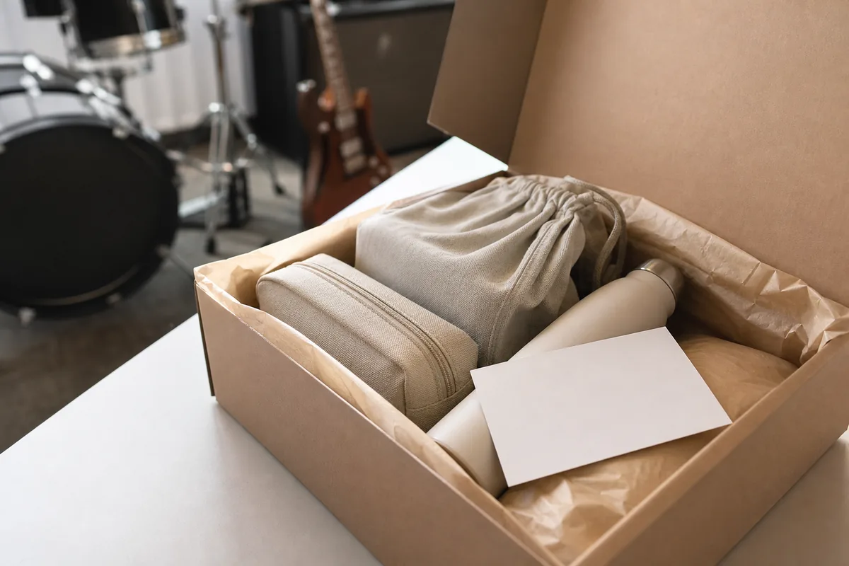 Kit com garrafa, bolsa compacta e nécessaire preparado para artistas e convidados