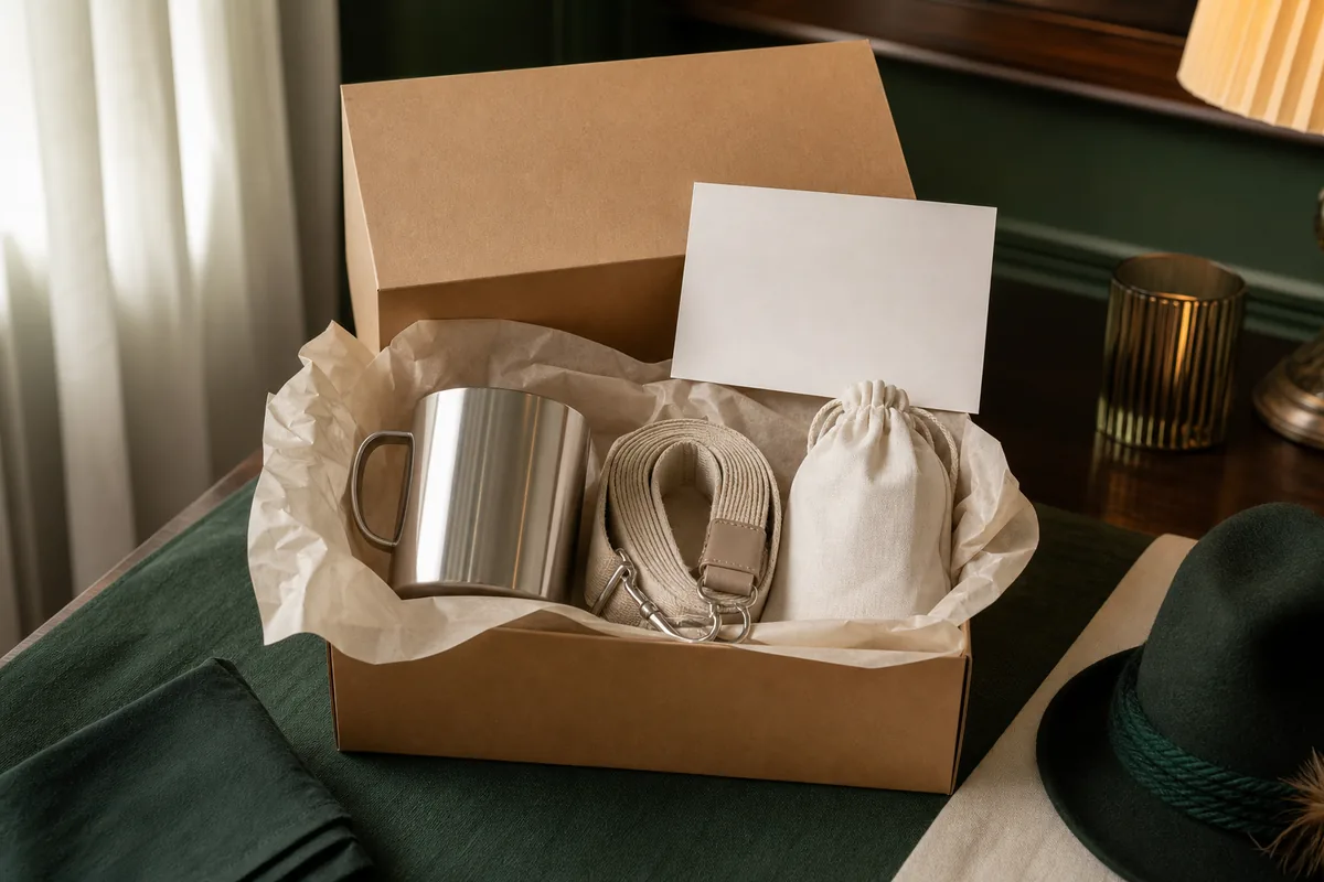 Kit de boas-vindas com caneca, tirante e embalagem para convidados e patrocinadores