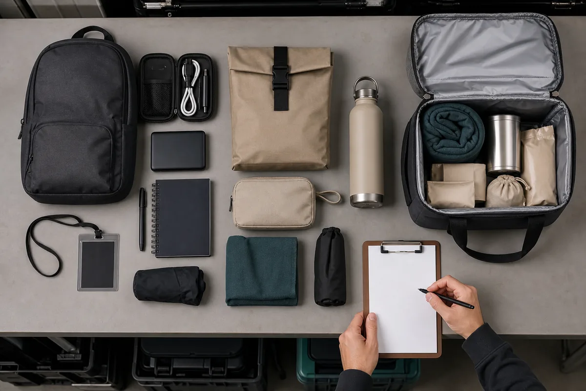 Mochila, garrafa e bolsa térmica organizadas em kits para imprensa, convidados VIP e equipes