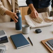 Profissionais selecionam garrafa, caneca, caderno e outros brindes para uma campanha de marca