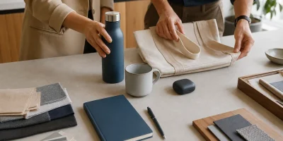 Profissionais selecionam garrafa, caneca, caderno e outros brindes para uma campanha de marca