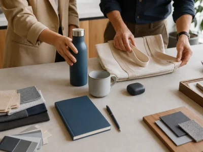 Profissionais selecionam garrafa, caneca, caderno e outros brindes para uma campanha de marca