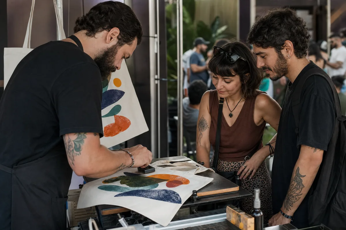 Profissional personaliza bolsa de tecido diante de participantes do festival