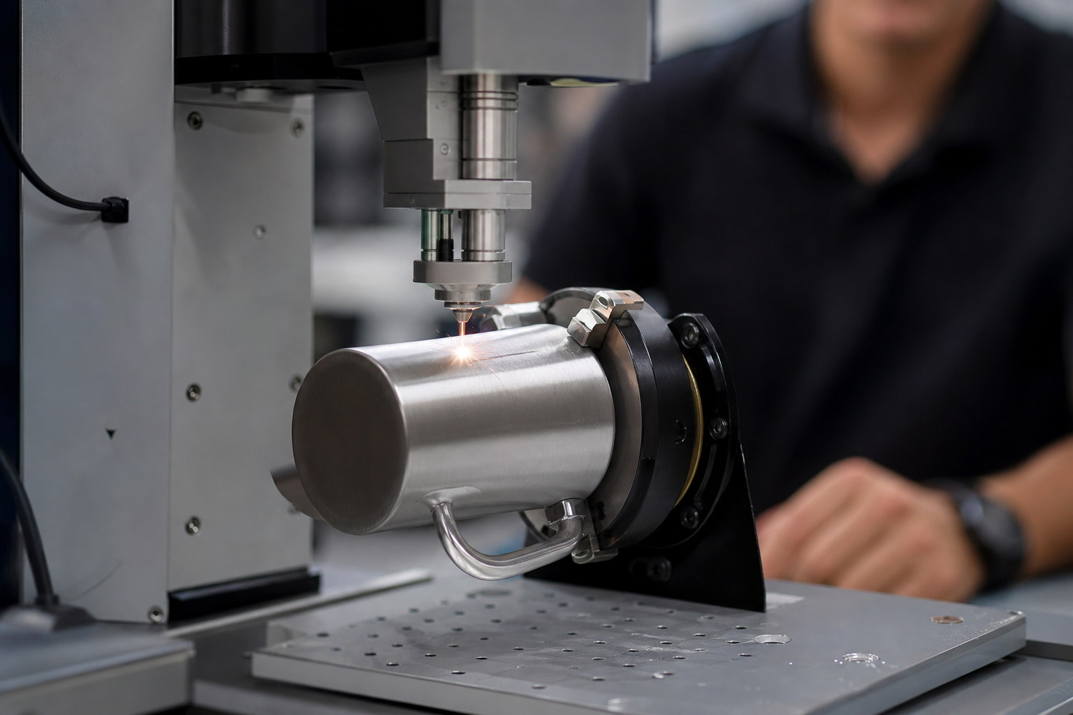 Máquina realizando gravação a laser em caneca metálica