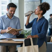 Profissionais usando caderno e garrafa reutilizável durante uma reunião em espaço de coworking