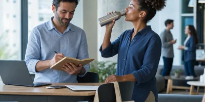 Profissionais usando caderno e garrafa reutilizável durante uma reunião em espaço de coworking