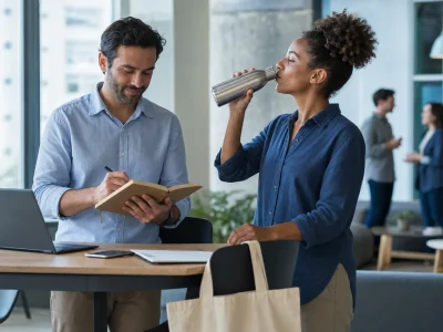 Profissionais usando caderno e garrafa reutilizável durante uma reunião em espaço de coworking