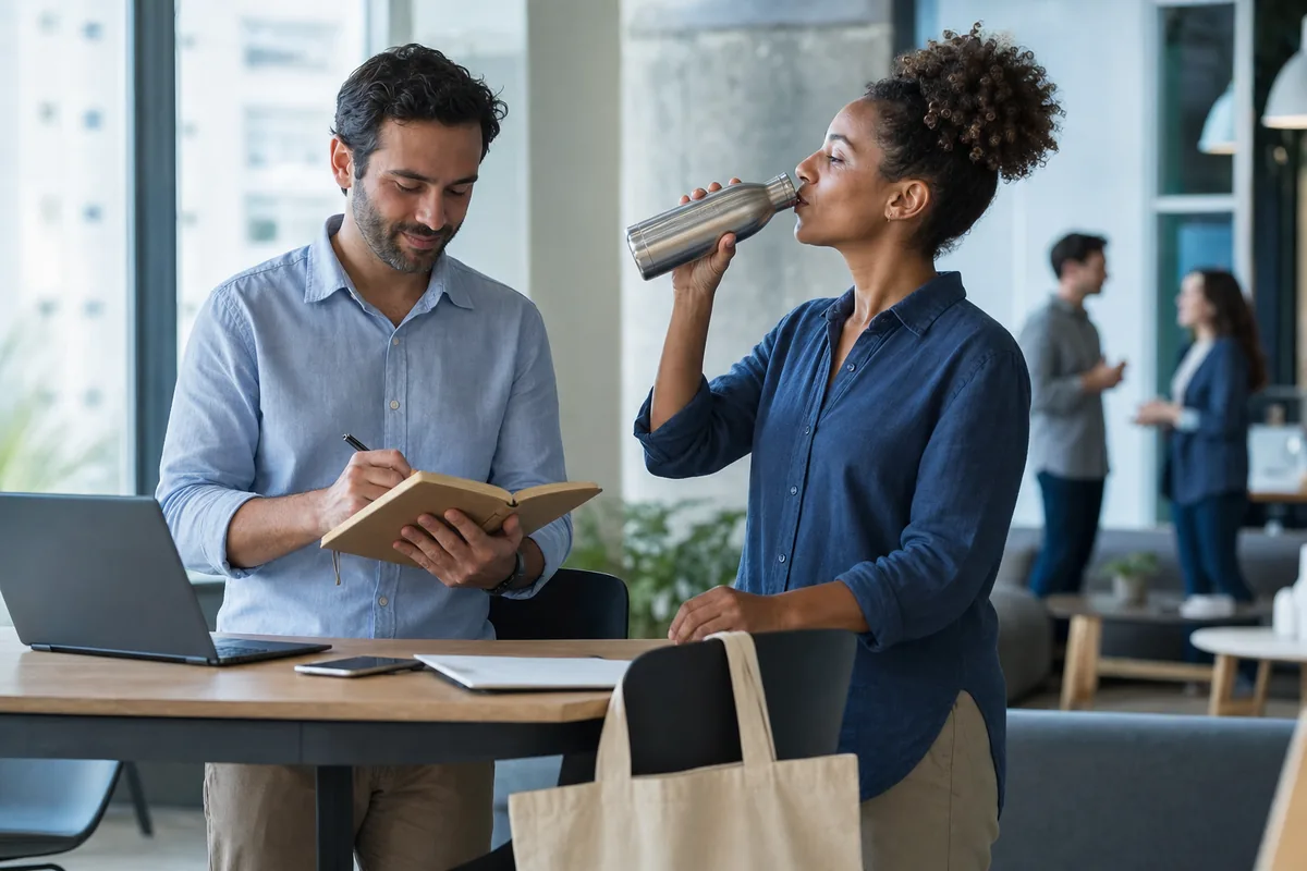 Profissionais usando caderno e garrafa reutilizável durante uma reunião em espaço de coworking