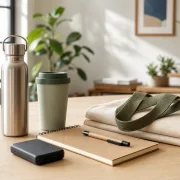 Seleção de produtos promocionais com garrafa, copo, caderno, caneta, acessório tecnológico e ecobag