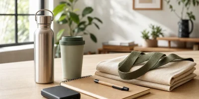 Seleção de produtos promocionais com garrafa, copo, caderno, caneta, acessório tecnológico e ecobag