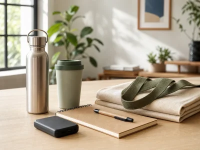 Seleção de produtos promocionais com garrafa, copo, caderno, caneta, acessório tecnológico e ecobag