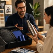 Profissional apresentando um kit de brindes corporativos com mochila, planner, caneca e garrafa inox, enquanto uma pessoa avalia o produto em um ambiente de planejamento de marca.