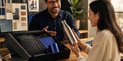 Profissional apresentando um kit de brindes corporativos com mochila, planner, caneca e garrafa inox, enquanto uma pessoa avalia o produto em um ambiente de planejamento de marca.