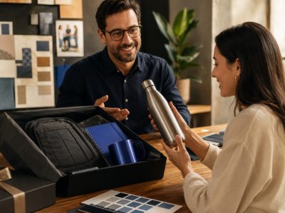 Profissional apresentando um kit de brindes corporativos com mochila, planner, caneca e garrafa inox, enquanto uma pessoa avalia o produto em um ambiente de planejamento de marca.
