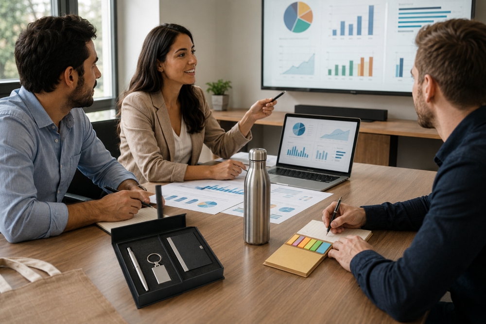 Equipe analisando resultados de uma campanha com brindes personalizados, com garrafa inox, bloco de anotações e kit escritório executivo sobre a mesa.