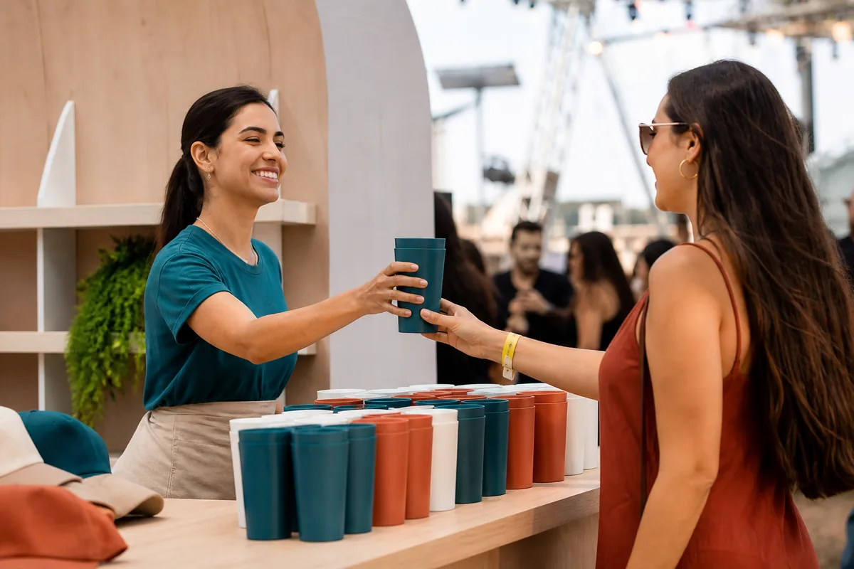 Promotora entrega copo reutilizável em uma ativação durante festival