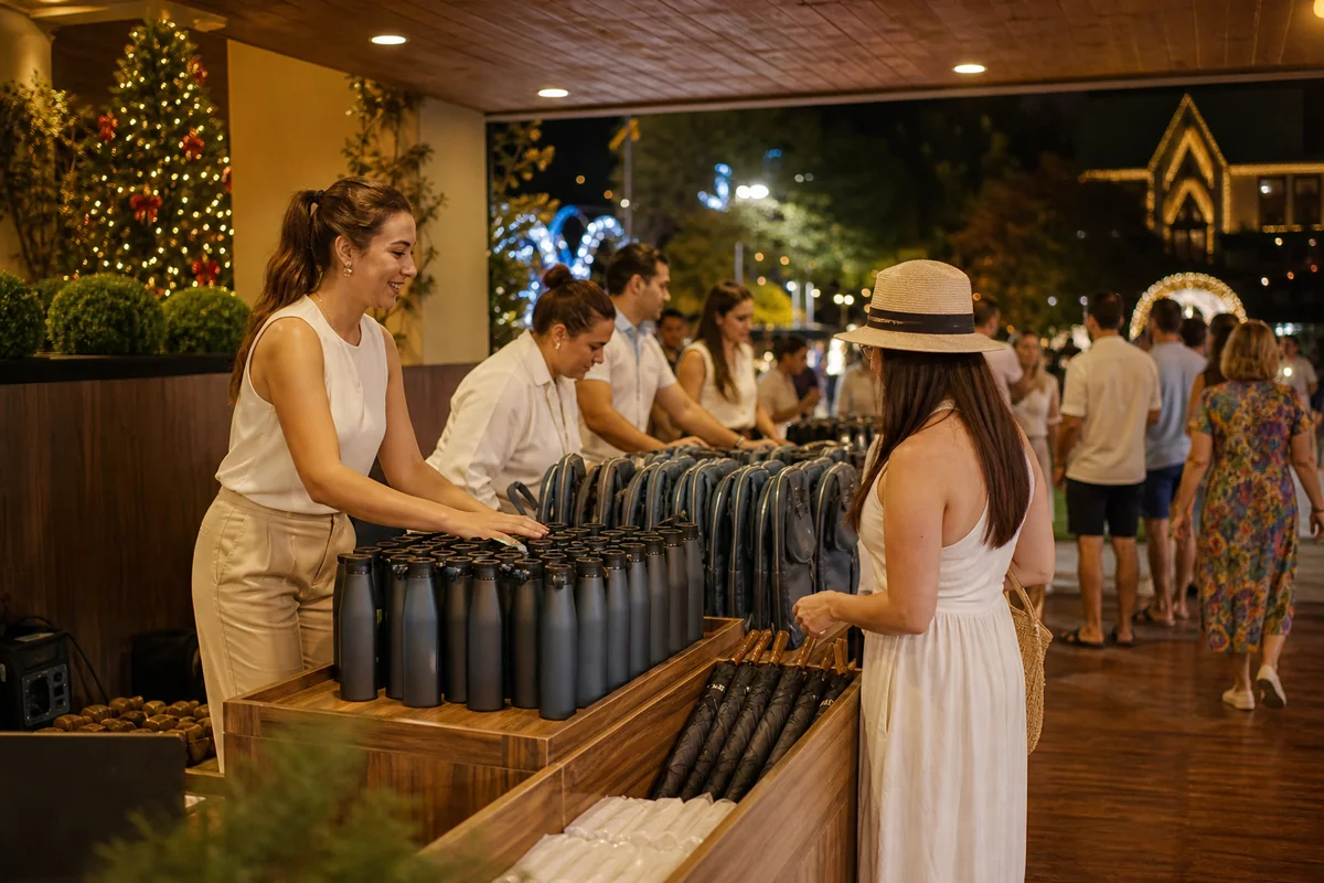 Equipe de turismo entrega garrafas, mochilas e guarda-chuvas em ativação do Natal Luz