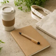 Copo reutilizável, caderno, caneta e sacola em materiais de aparência natural