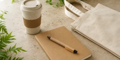 Copo reutilizável, caderno, caneta e sacola em materiais de aparência natural