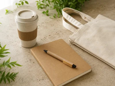 Copo reutilizável, caderno, caneta e sacola em materiais de aparência natural