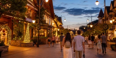 Visitantes caminham por rua iluminada de Gramado durante o Natal Luz no verão